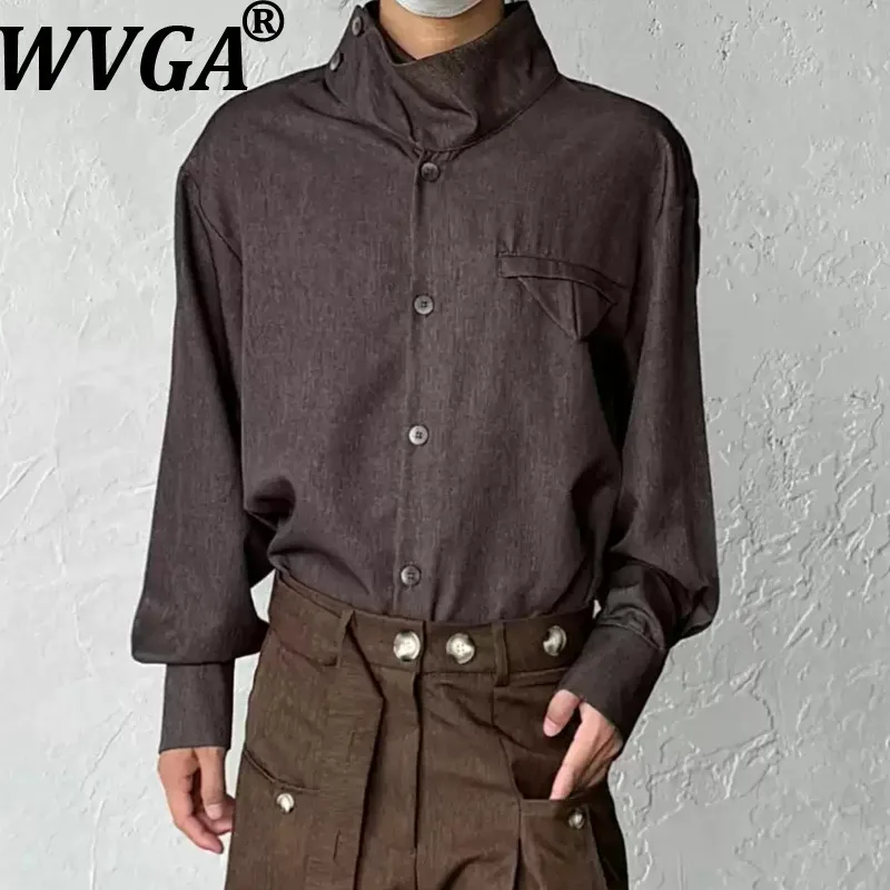 

WVGA Spring Autumn New Man Tide High Street Vintage Stand Collar Trendy Long Sleeve Shirts Niche Chic Casual Tops Ins Y2K W12379