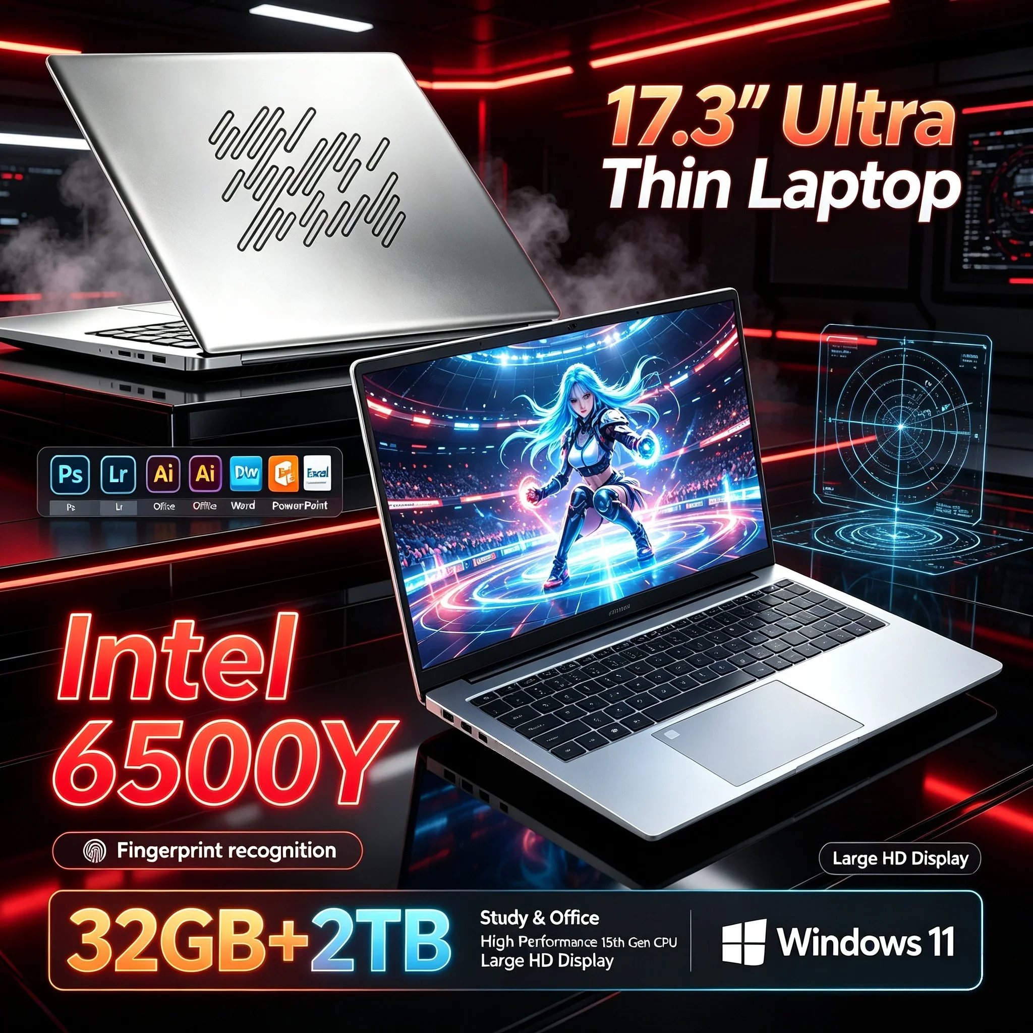 New 17.3'' Inch Big Screen Portable Notebook Intel 6500Y 32GB RAM 2TB SSD Windows 11 WiFi6 BT5.2 Laptop PC For Study Office Use