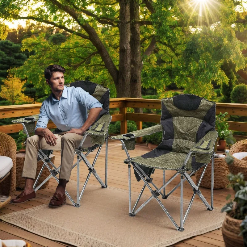 Outdoor Folding Chair Portable Cotton Thickened Bold Tube Armchair with Ice Pack Camping Beach, Fishing Chair