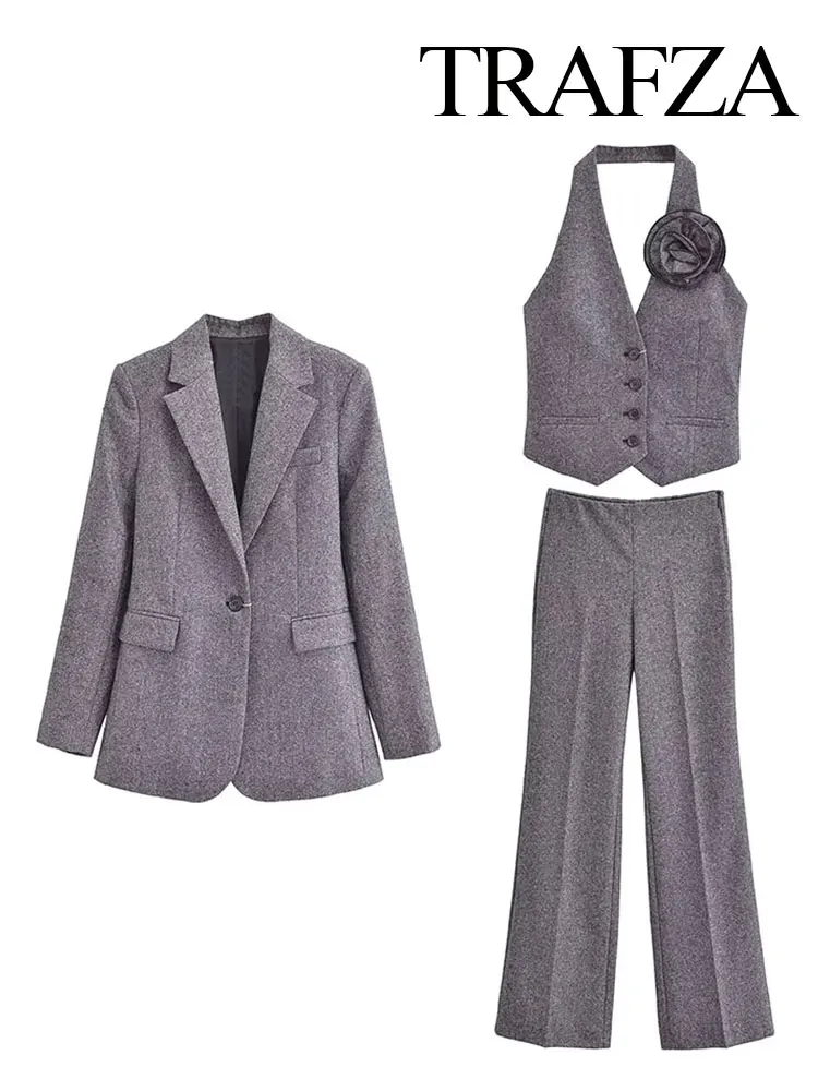 Trafza Frühling Frauen Mode 3 Stück Set Revers Langarm Blazer Mantel formellen Stil Anzug Weste wilde Frau weites Bein lange Hose