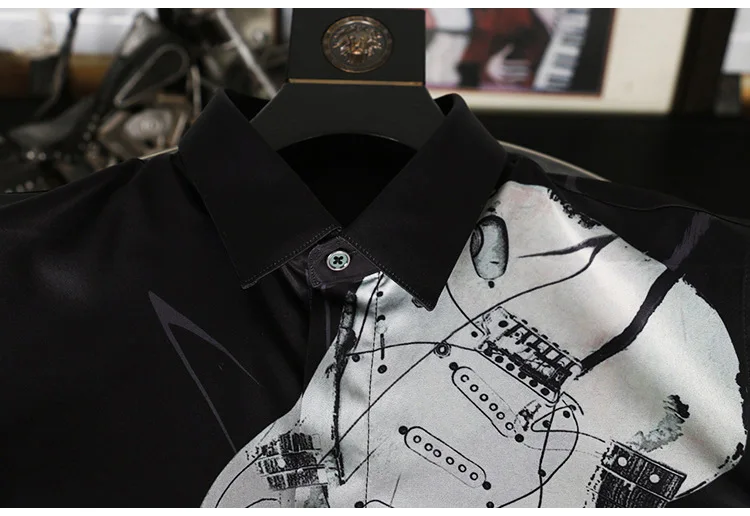 2023 Autumn Luxury Guitar Printed Shirt Men Fashion Slim Long Sleeved Casual Business Shirts Formal Social Party Tuxedo Blouse