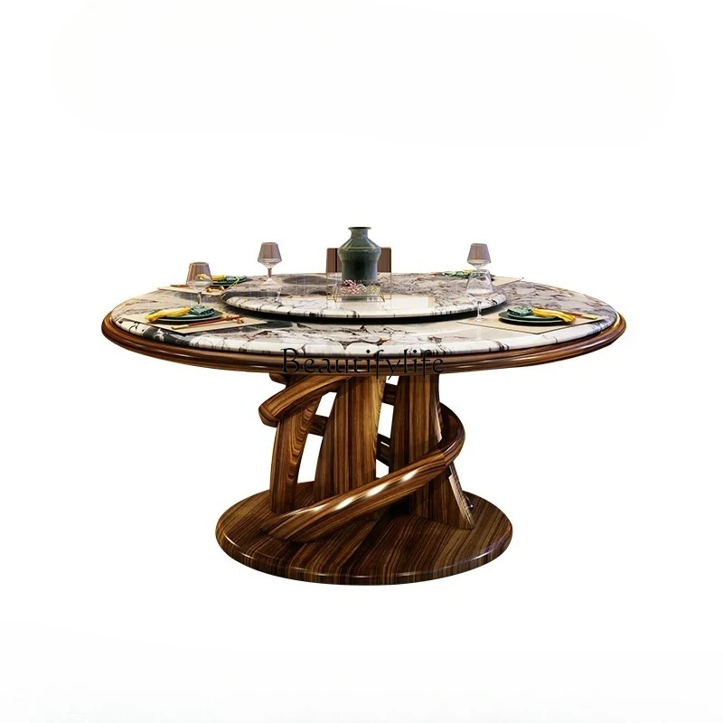 

Solid wood round dining table marble villa large flat dining table chair dining table and chair combination