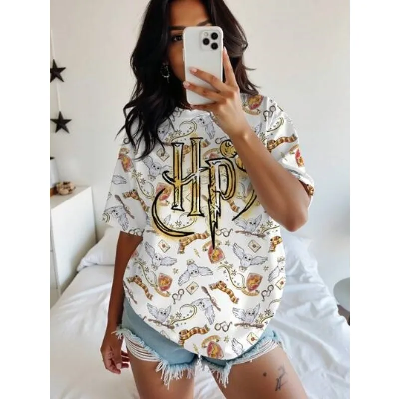 Camiseta con estampado integral de Harry Potter para hombre y mujer, camiseta gráfica vintage de HP, camiseta informal de verano de gran tamaño con diseño de dibujos animados de Grifindor, ropa de calle