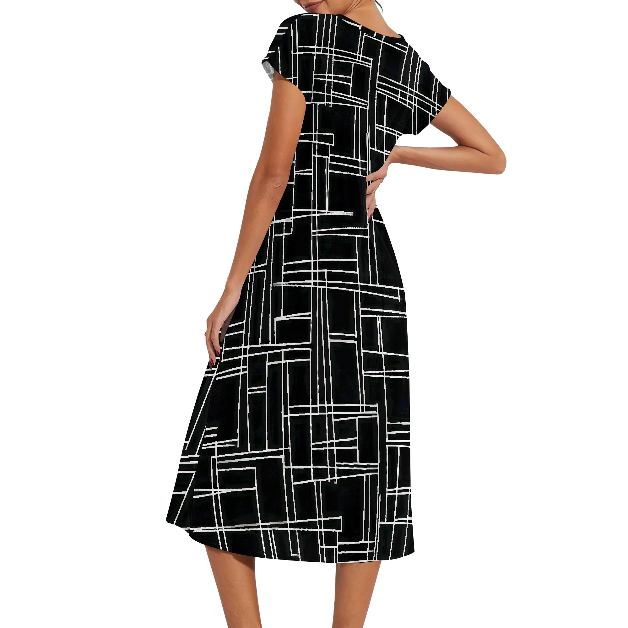 ชุดเดรสฤดูร้อนสําหรับผู้หญิงเสื้อยืดลําลองแขนสั้นเดรสสวิง Flowy Beach Sundress พร้อมกระเป๋า