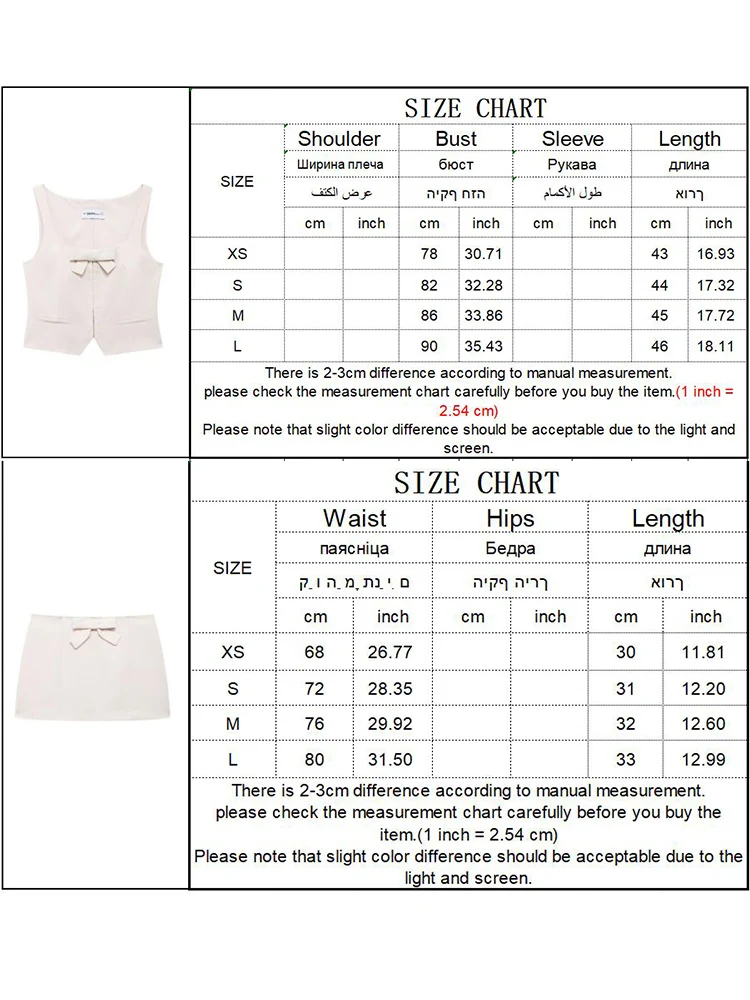 TRAF Two Pieces Women Bow Vest Skirt Suit 2024 Fashion Square Collar Sleeveless Tops Size Zipper Mini Skirt Sets Causal Outfit