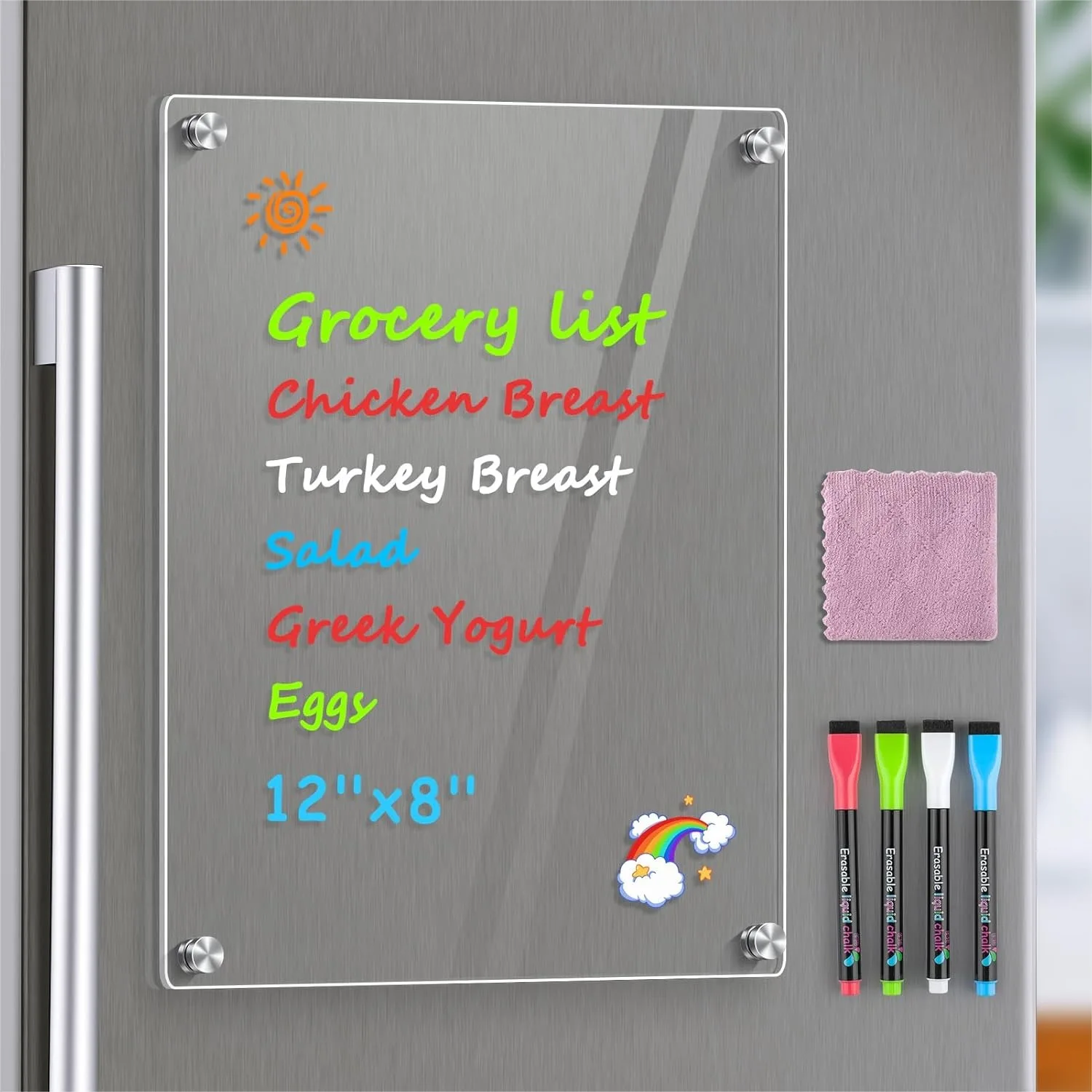 

Clear Acrylic Magnetic Whiteboard for Fridge with 4 Markers and Cloth, 12x8 Inch Smooth Writing Dry Erase Board for Grocery List