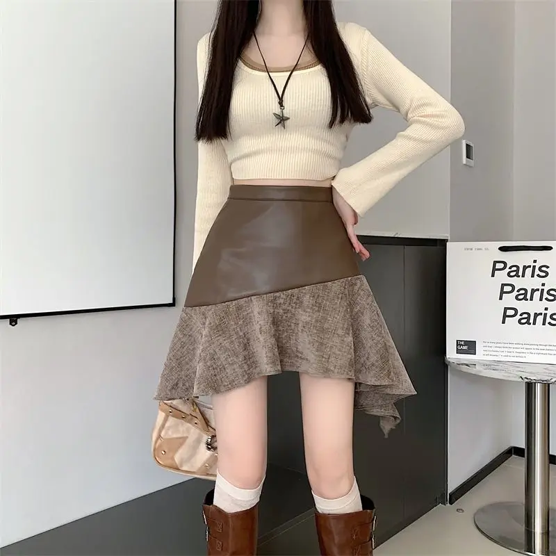 

2025 Autumn Winter New Irregular Design Leather Skirt for Women High Waist Slimming Half Skirt Mermaid Short Skirt