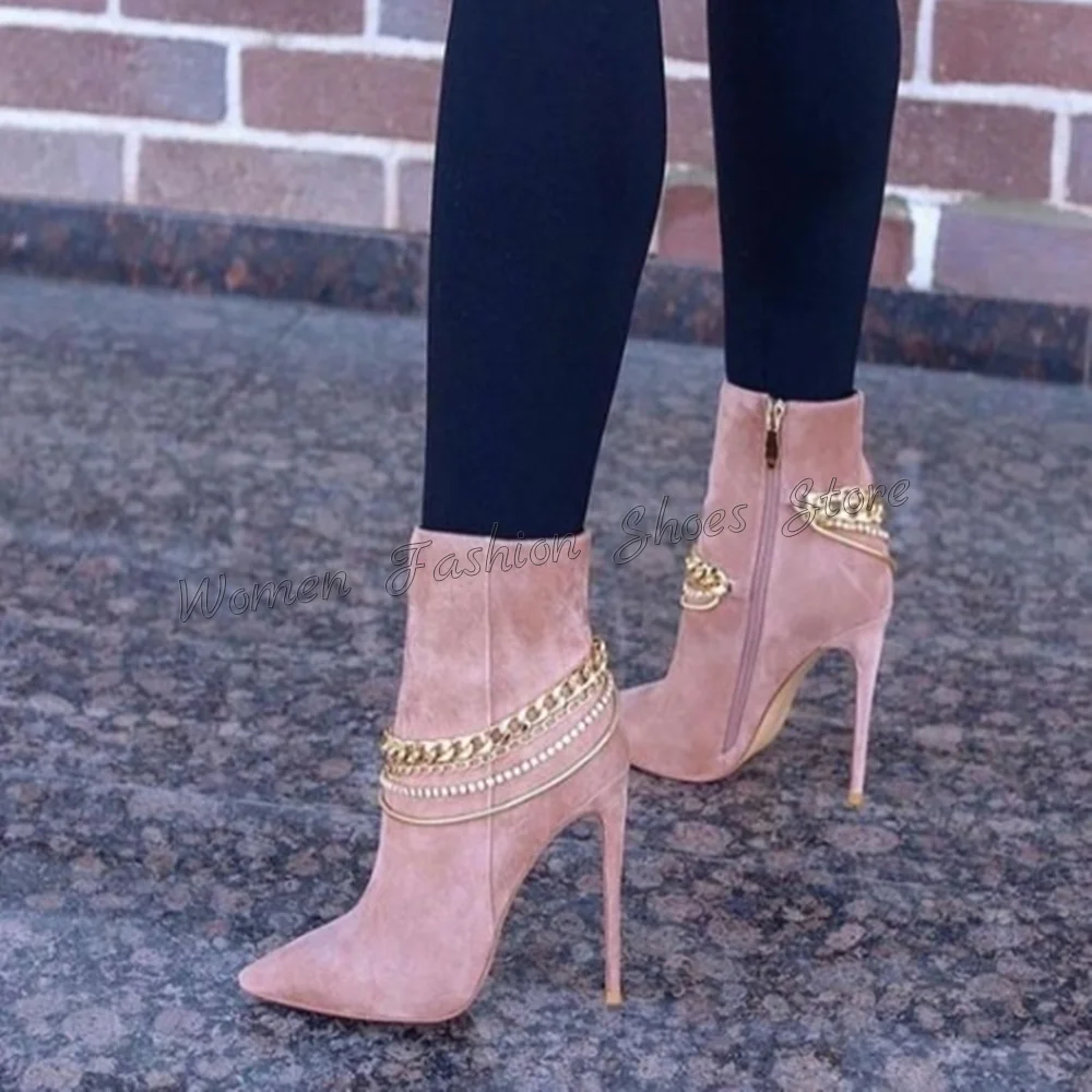 Pink Side Zipper Chain Decor Boots Stilettos High Heels Ankle High Heel Shoes for Women Heels 2024 New Zapatos Para Mujere