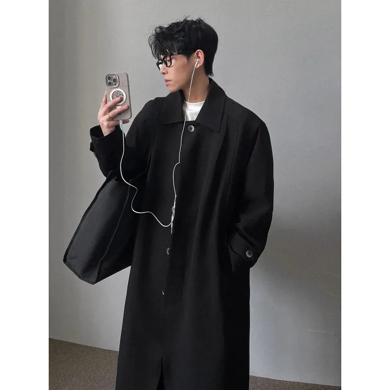 Men's Minimalist Single-Button Long Coat – Notched Collar Overcoat with Clean Lines, Korean Fashion Outerwear for Fall