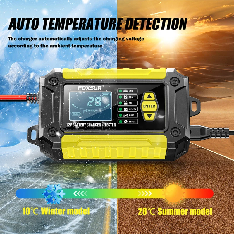 FOXSUR 12V 6-Amp Battery Charger /Tester for Motorcycle Car Battery Charger /Tester Support Car Battery Health Check and Repair
