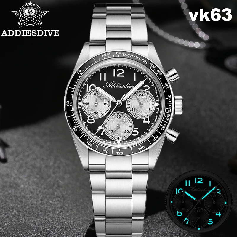 

ADDIESDIVE Men's Quartz Watch K1 Bubble Glass Luminous 100m Waterproof Watches Ceramic Bezel VK63 Luxury Chronograph Men Watch
