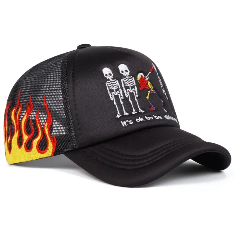 Street Style Trucker Hat, Skeleton Flame Embroidery Mesh Back Baseball Cap for Outdoor Daily Wear