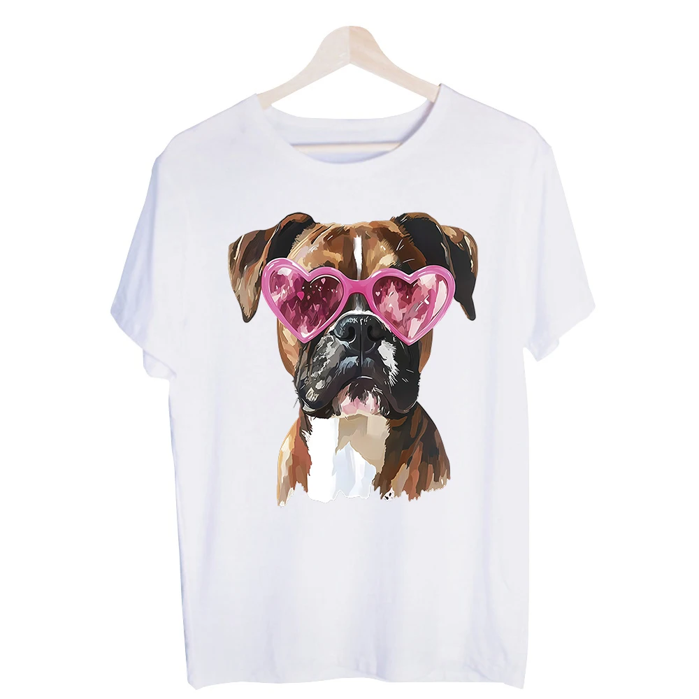 Women's Boxer Dog with Heart Sunglasses Graphic Tee, Casual Short Sleeve T-Shirt for Summer Outfits and Daily Wear