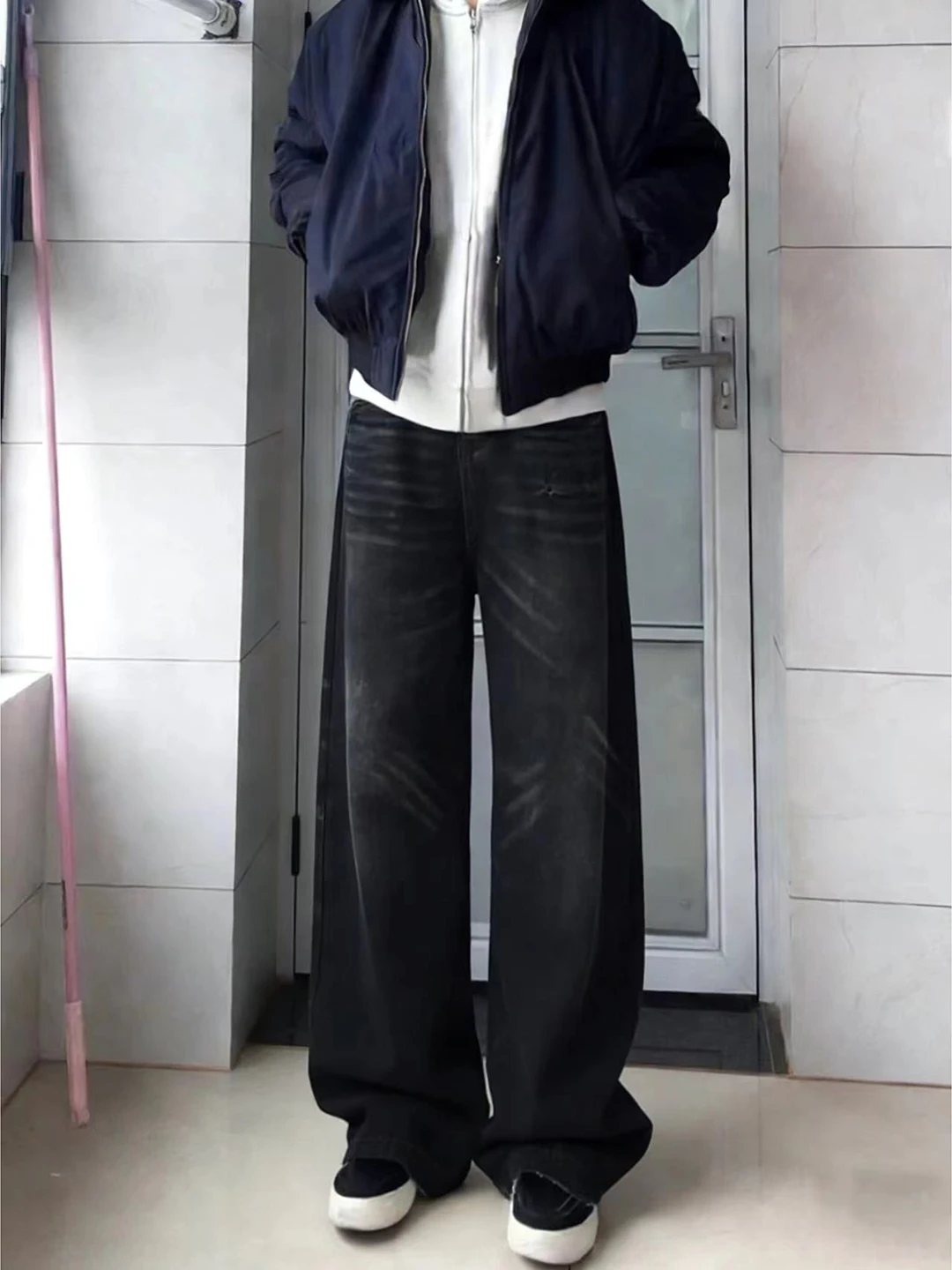 

Cleanfit Straight Leg Men's Jeans Winter Street Style High Waist Stone Grinding Black Beard Micro Flare Denim Pants