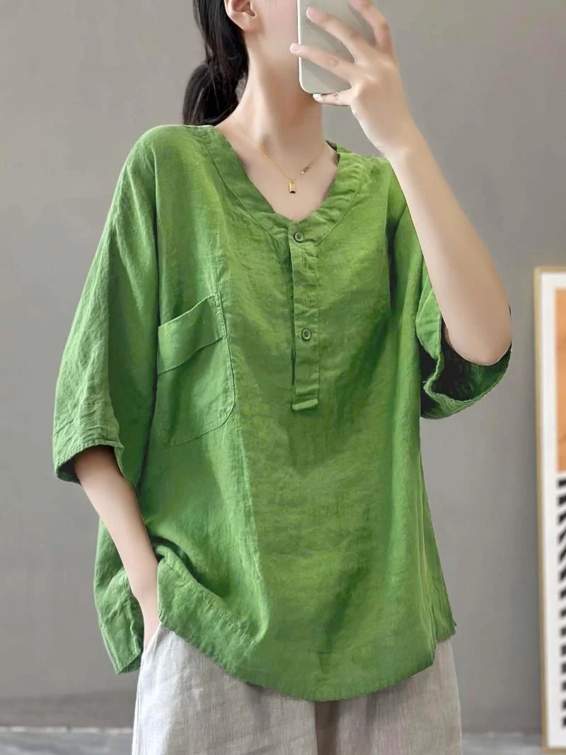Summer Thin V-Neck Short Sleeve T-Shirt Women Pure Color Retro Casual Loose Meat Cover Cotton Linen Overhead Shirt