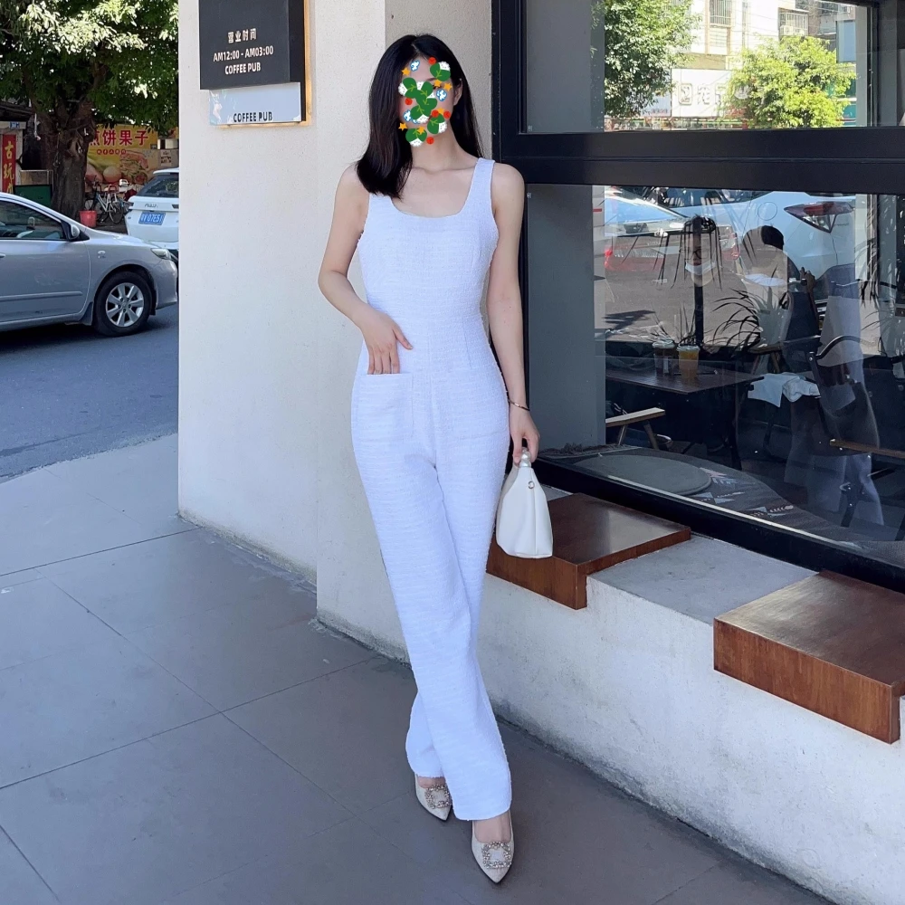 

2023 Spring Summer Autumn Fashion Women's High QualitY Elegant White Tweed Backless Tank-top Jumpsuit F068