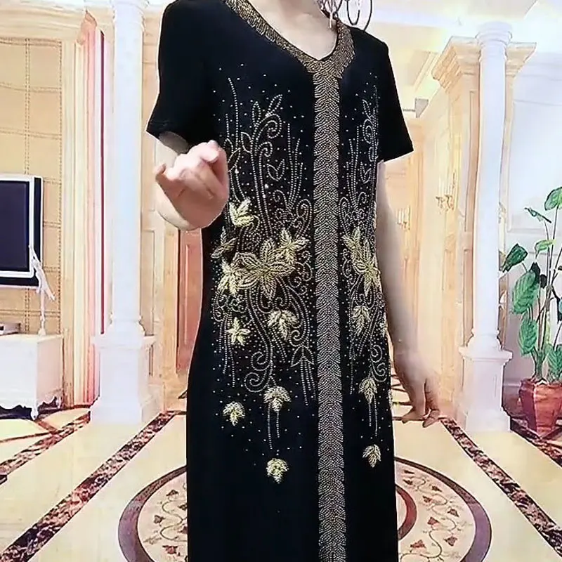 Vintage Floral Fashion Diamonds Folk Matching Sets Female Clothing Chinese Style Embroidery Elegant V-Neck Spliced Dress Sets