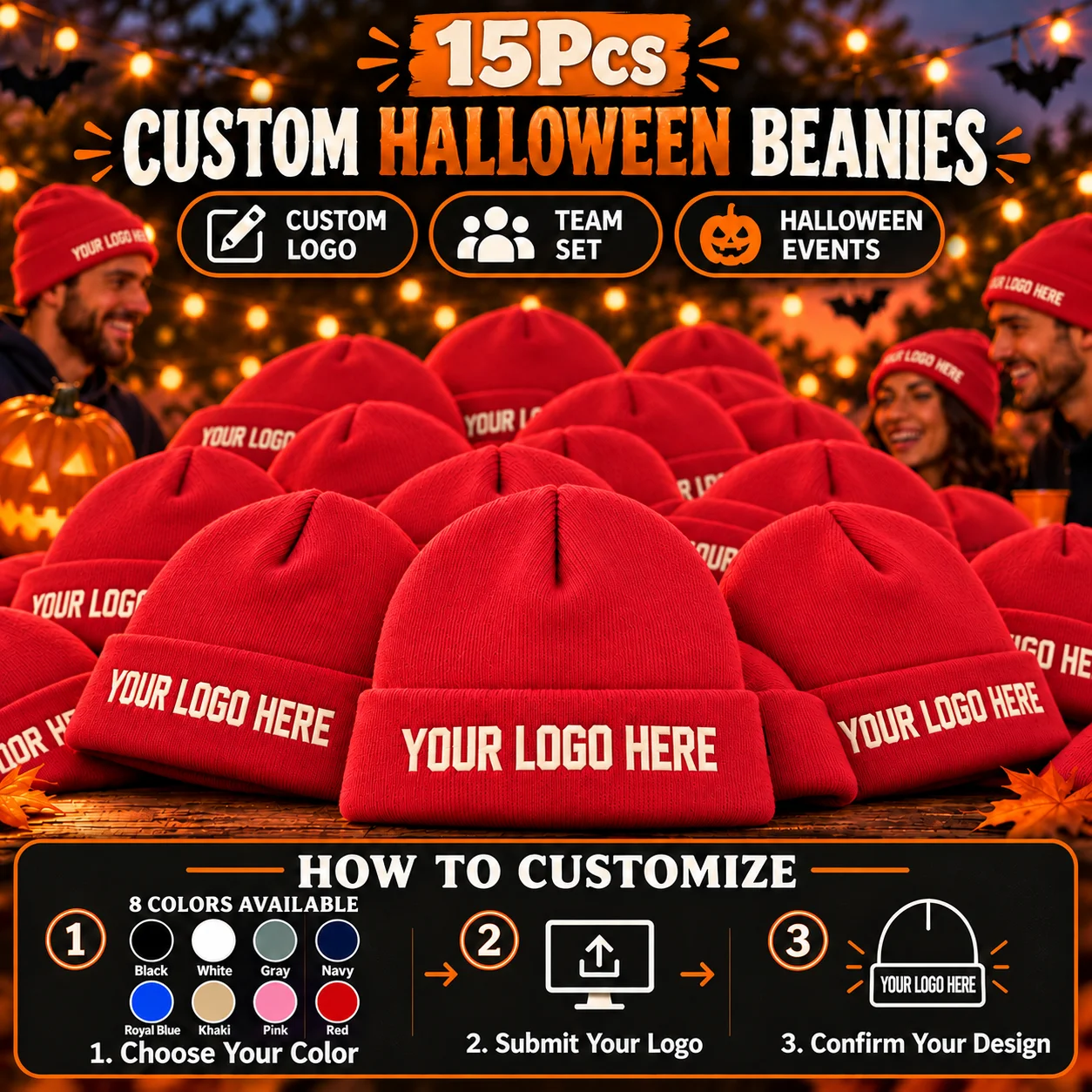15 Custom Logo Knitted Beanies  Personalized Cuffed Caps, Perfect for Halloween Parties, Team Events, and Group Gatherings; Ava