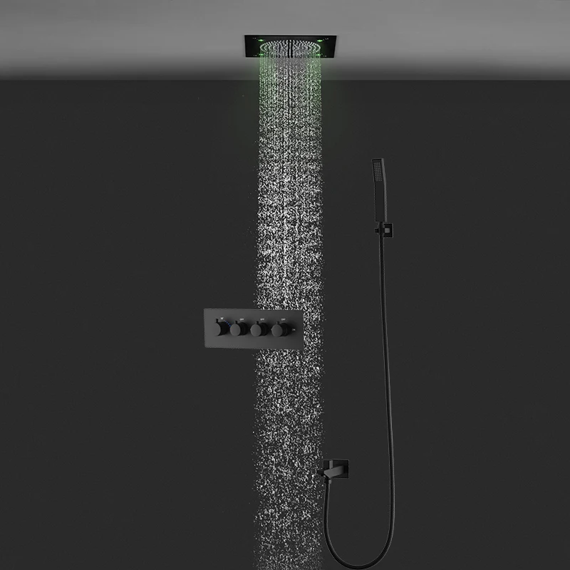 Simplicity ceiling mounted brass 320*320MM shower faucets set with thermostatic valve led rainfall shower set