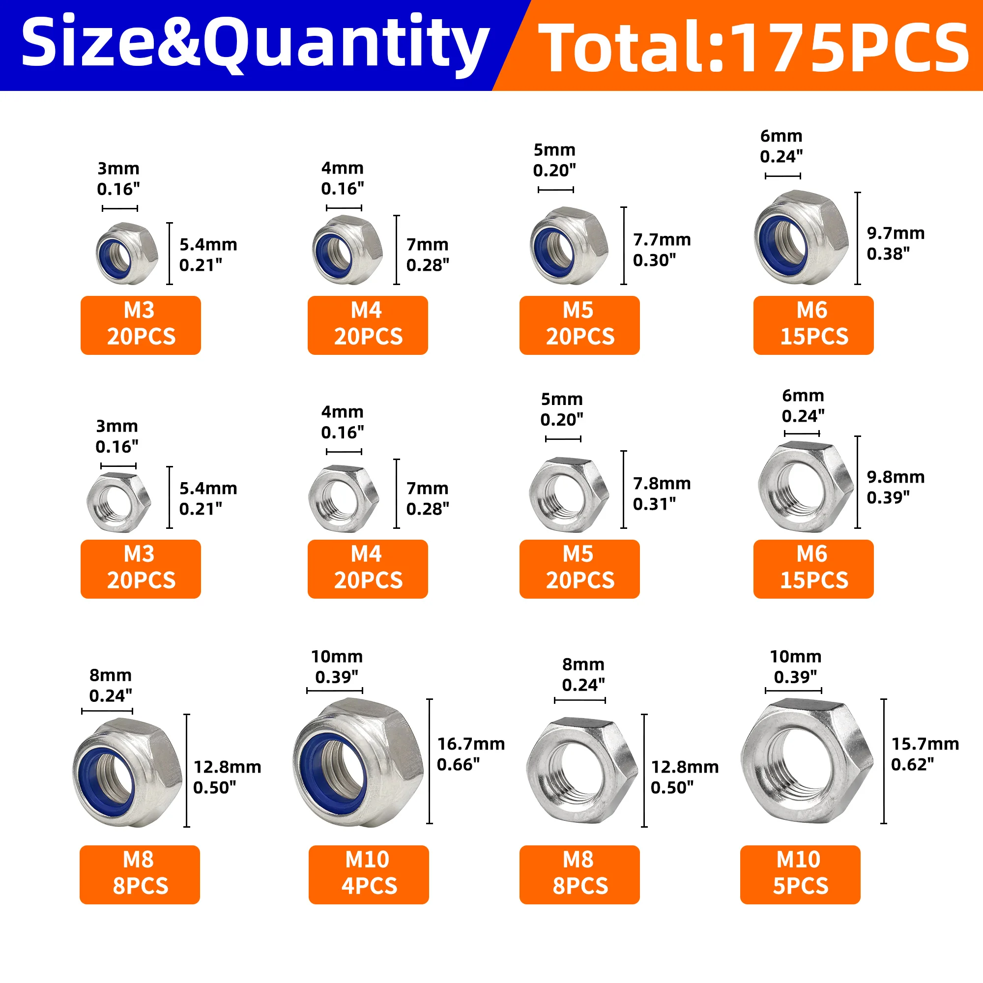 175pcs 304 Stainless Steel Nuts and Metric Locknut Kits M3 M4 M5 M6 M8 M10 Metric Nylon Insert Lock & Hex Nut Set