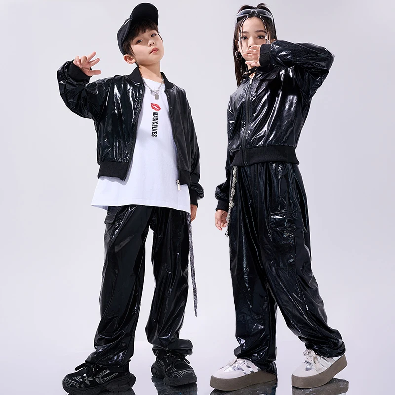 Moderne Hip-Hop-Tanz kostüm Kinder Jungen Street Dance Outfits schwarze Ledermantel hose Mädchen Mode Konzert Bühnen kleidung bl13725