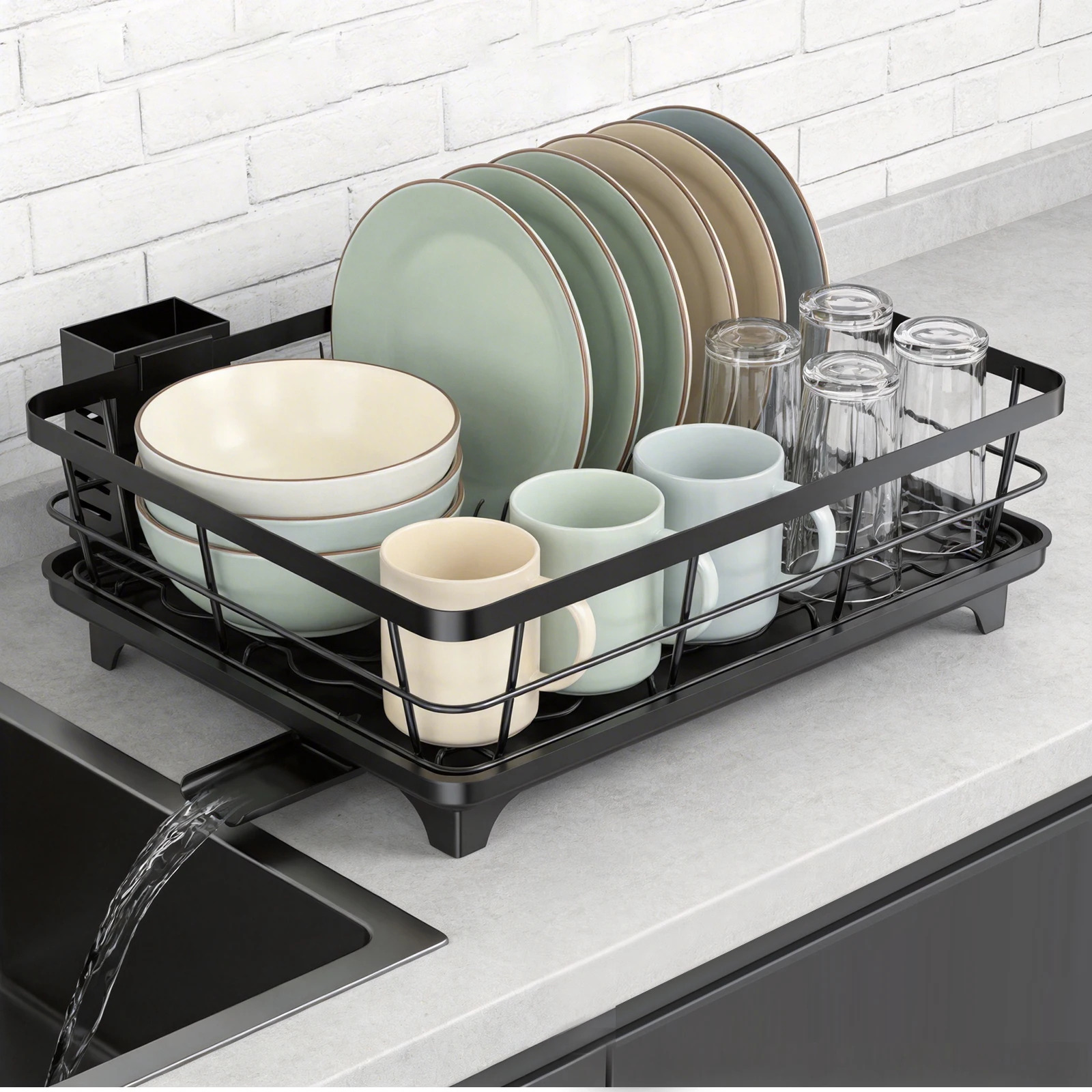 Scolapiatti a 2 livelli, scolapiatti da cucina, supporto per piatti da appoggio, organizer per piatti da cucina con piastra di drenaggio rimovibile e portaposate.