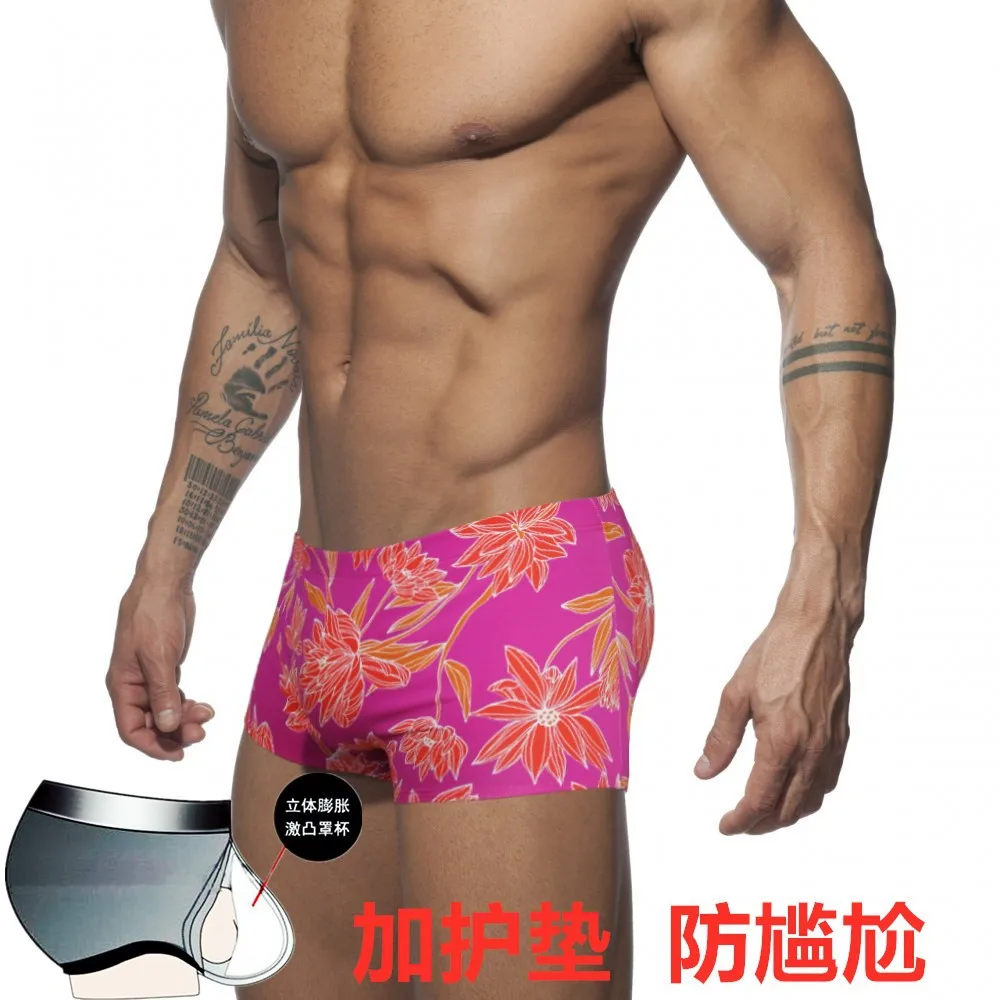 

2025 плавки, мужские плавки с плоским углом и принтом, плавки с низкой посадкой, купальник с чашкой, мужской пляжный BS406