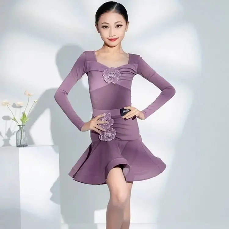 

2023 New Latin Dance Competition Costume Purple Long Sleeve Latin Dress Dance Outfits Women Autumn Winter Latin Dance Dress Girl