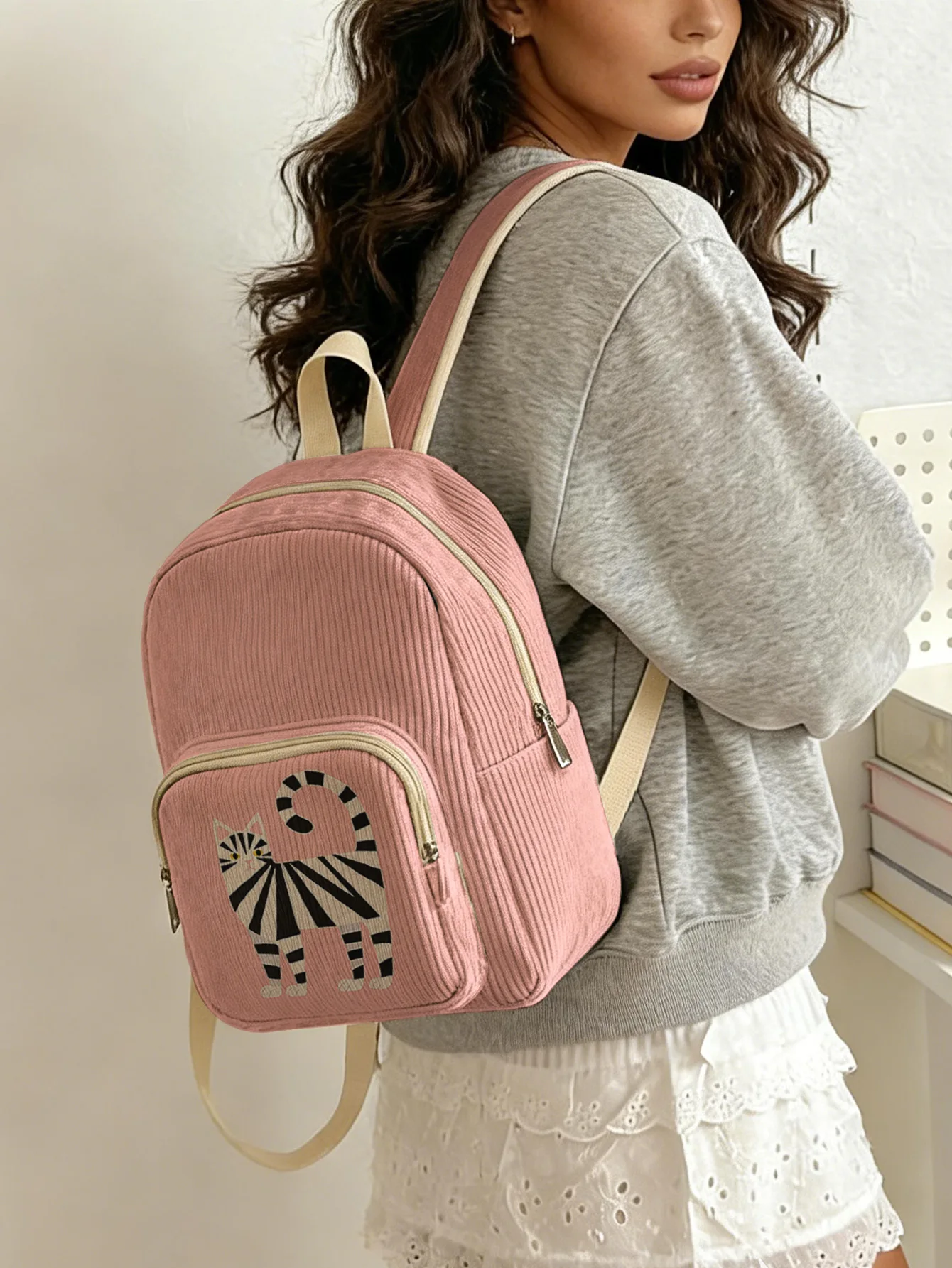 

Geometric Stripe Cat Print Women Fashion Backpack Corduroy Multi-pocket Large Capacity Commuter Bag