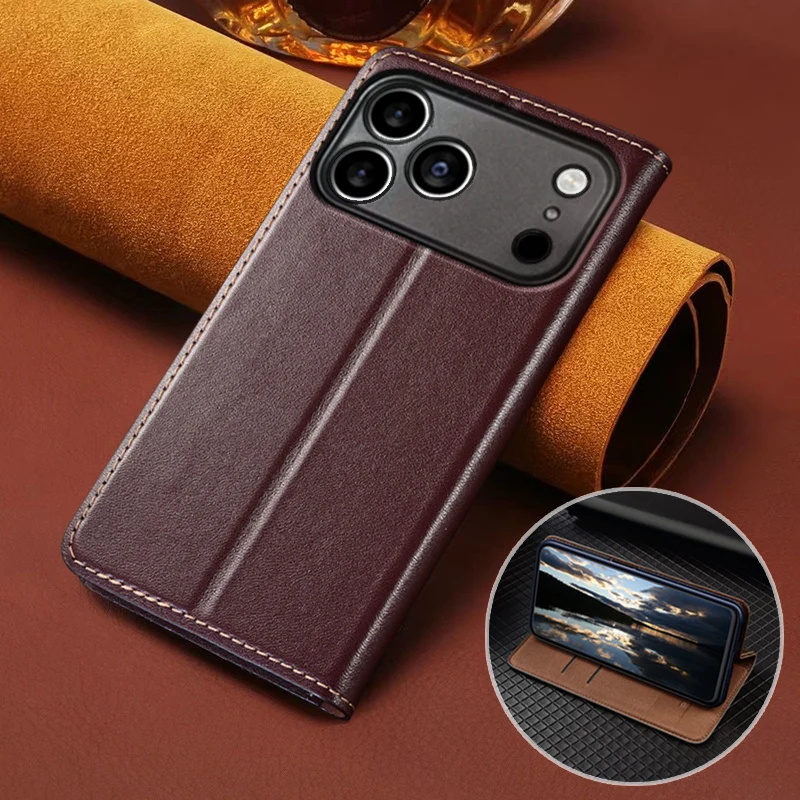 

For APPLE iPhone 17 17Pro Pro Max Air Flip Case Napa Texture Magnetic Cover Luxury Cowhide Genuine Leather Wallet Cases Covers