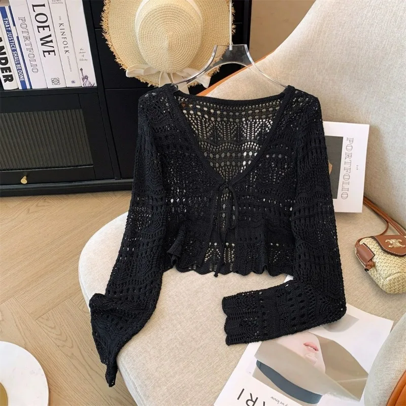 French Mori Girl Style Women\'s Hollow Out Crochet Sun Protection Commuter Knitted Cardigan Long-sleeved Sweet Short Top