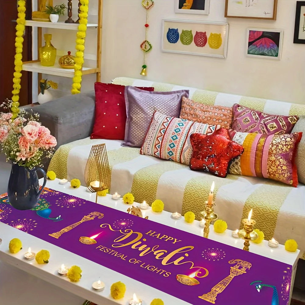 Happy Diwali Festival of Lights Linen Table Runner Holiday Party Decor Reusable Kitchen Dining Table Runner Diwali Decorations