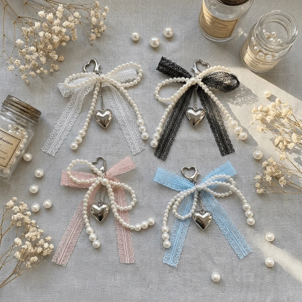 Aesthetic Alloy Bow Bag Pendant Lace Heart Clasp Pearl Keychain White Braided Chain Hanging Keyring Car