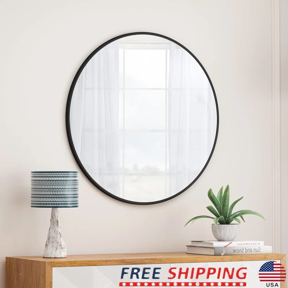 

28 Inch Round Wall Mirror Black Metal Framed Vanity Decor Bathroom Living Room Wall Art Elegant Design