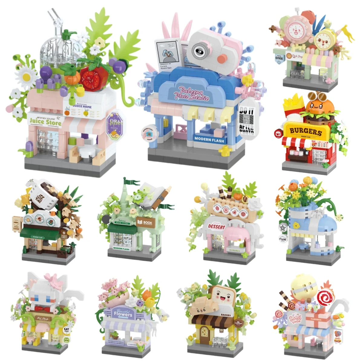 Funny Joy Library Candy Store Street View Coffee Pet Bread Flower Hamburger Small Shop City Building Blocks Toys