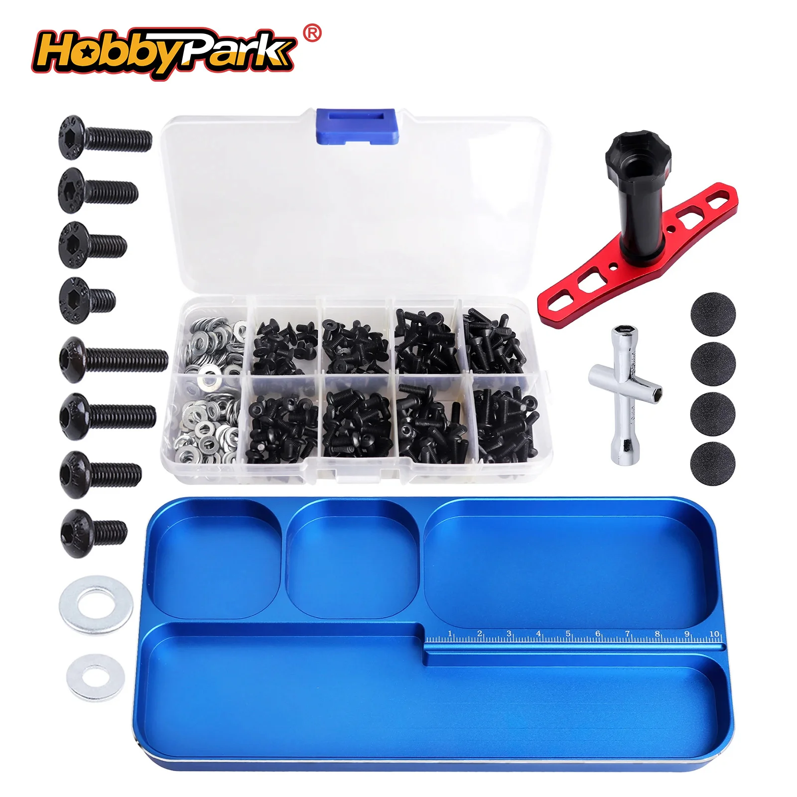 HobbyPark RC Screw Kit with Screw Tray 17mm Wheel Wrench & Hex Sleeve Tool for Traxxas Arrma Axial SCX10 RC Cars