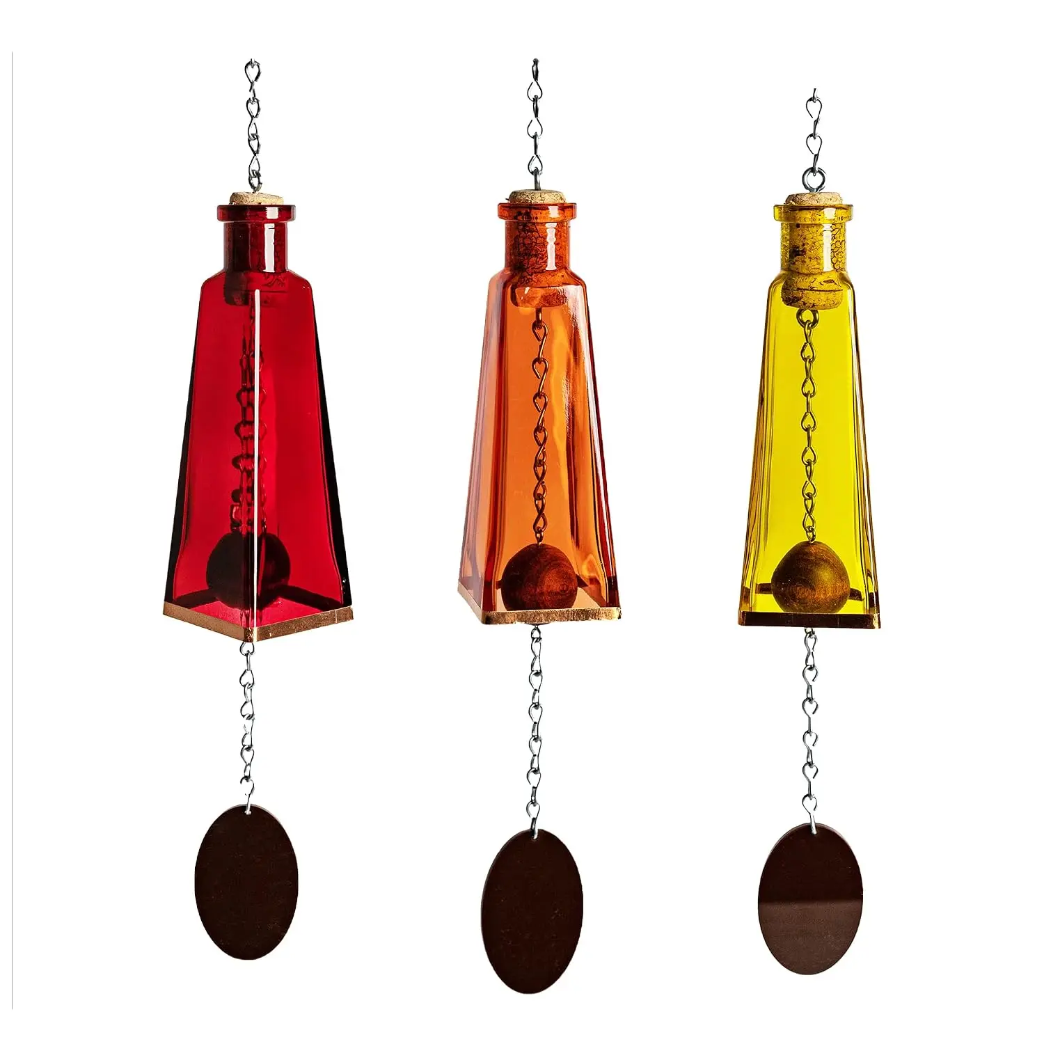 Pyramid Bottle Wind Chime for Garden & Porch Decor w/Cooper Accent, Stained Wooden Ball, & Colorful Glass Bottles