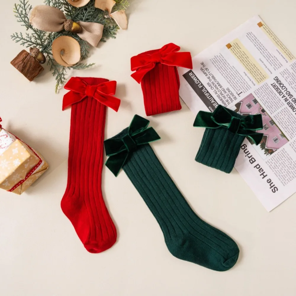 New Sweet Baby Knee High Long Sock Cotton For 0-5 Years Kids Red Socks Casual Breathable Bow Middle Tube Socks Christmas Gifts