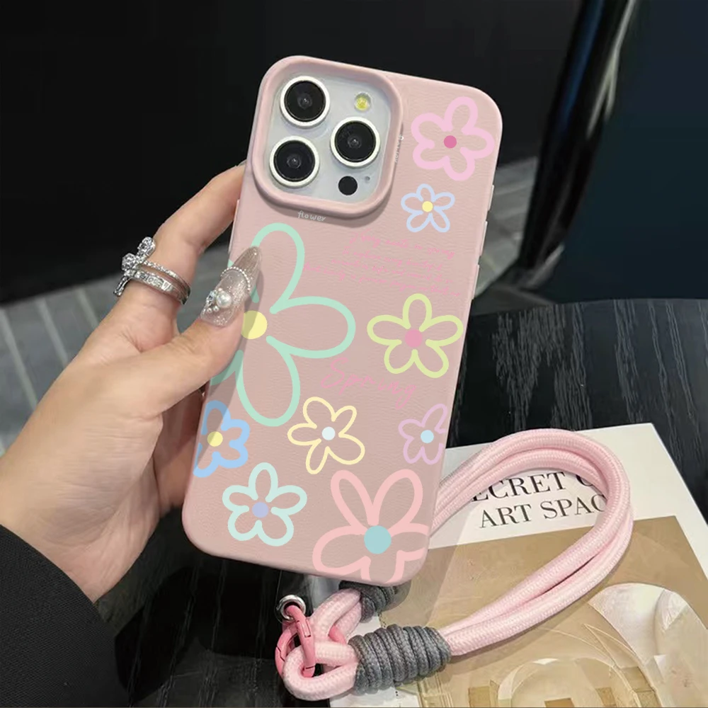 Candy Flowers Hand Wrist Strap Leather Phone Cases For iPhone 17 13 11 12 Pro Max Plus 15 14 16 XR XS 17 Air With Lanyard Cover view 2