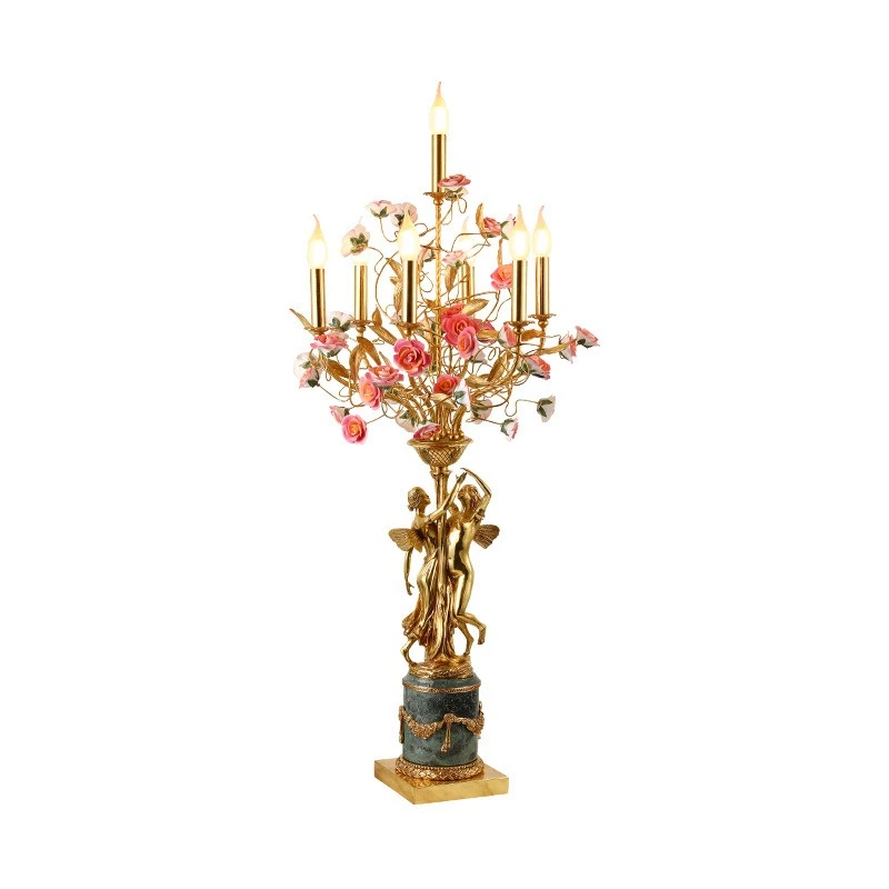 French villa living room decorative table lamp, European luxury retro court, atmospheric empty hall all copper