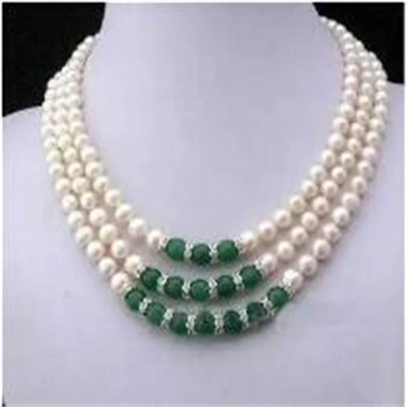 

Triple strands AAA 8-9mm green gem+South Sea white Pearl Necklace 18-20"