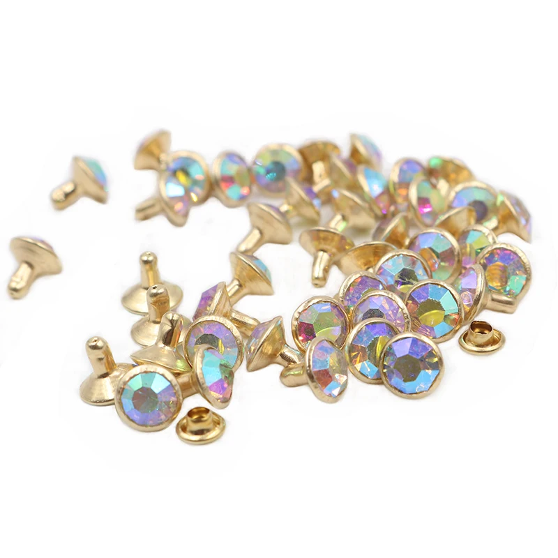 100Sets 8mm Golden Base Glass Multicolor Crystals Rhinestone Rivets Diamond Studs for Leathercraft DIY Leather Rivets