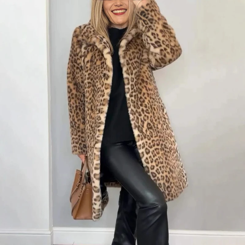 

Thick Coat Women Leopard Print Midi Length Coats Cardigan Turn Down Collar Streetwear Spliced Warm Jackets Winter 2025