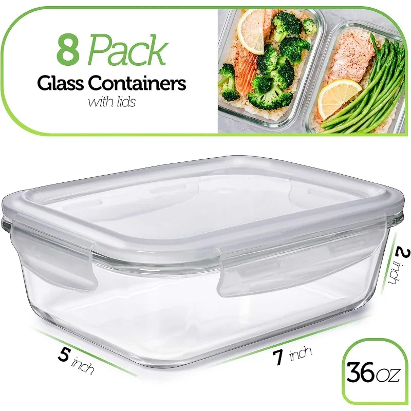 8 36 Oz Glass Pre-meal Preparation Containers - Dishwasher, Microwave, Refrigerator Oven Safe - Glass Storage Container with Lid