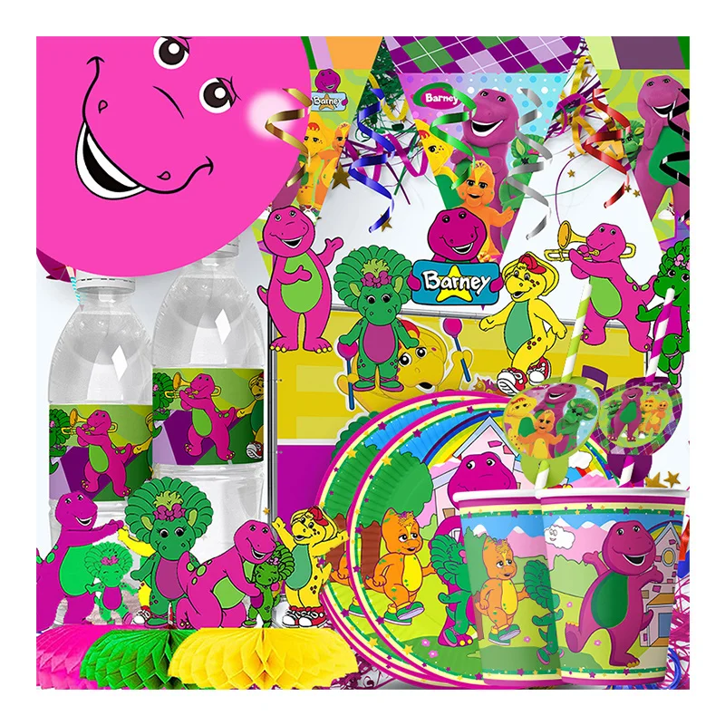 Barney Theme Party Decoration Invite Card Cake Decoration Balloon Paper Cup Plates Kid Girls Birthday Party Supplies Baby Shower