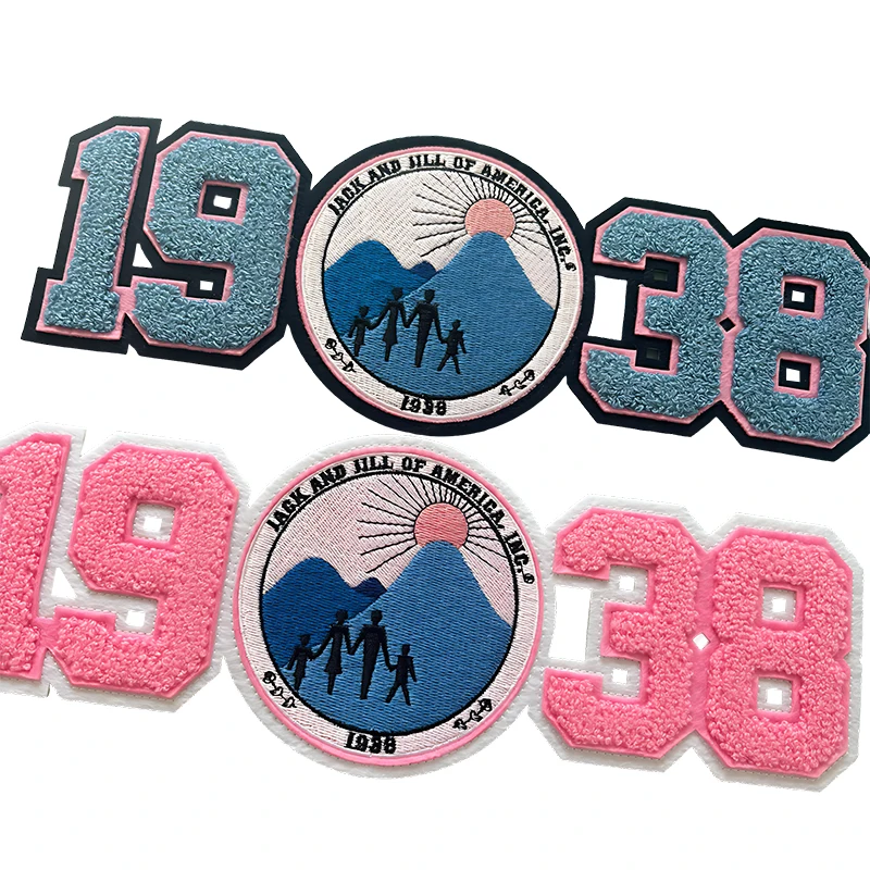 Chenille Greek Letters Sorority Pink And Blue Jack And Jill of America Inc Round 1938 Year Chenille Embroidery Iron on Patch view 4