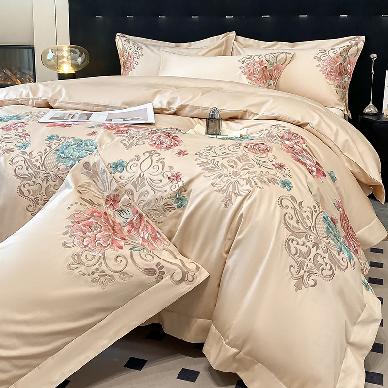 

Luxury Flowers Embroidery Bedding Set 100% Egyptian Cotton Duvet Cover Set Bed Sheet/Fitted Sheet Pillowcases Queen King Size