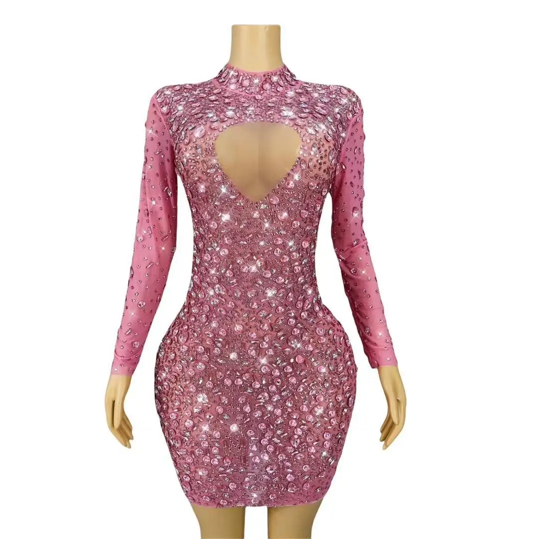 

Luxurious Long Sleeves Pink Diamonds Dress Sexy Transparent Outfit Dance Stage Wedding Nightclub Handmade Costume Cuican