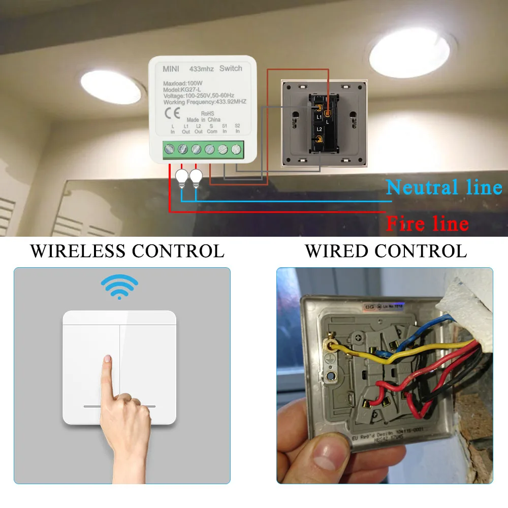 2 Way Wireless Light Switch Without Neutral,Rf 433MHz Remote Control Wall Switch with Mini Relay Module for Home Electrical Lamp