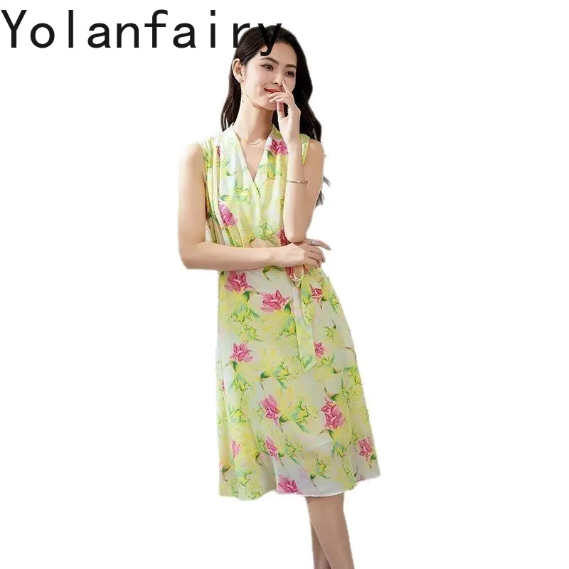 

YOLANFAIRY 100% Genuine Mulberry Silk Woman Dresses Summer French Elegant Sleeveless Fairy Dress Lace-up Floral Yellow Dress
